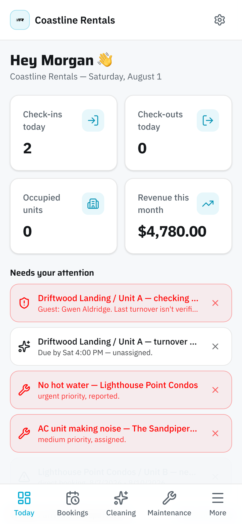 StayOS — check-ins, revenue, and what needs attention
