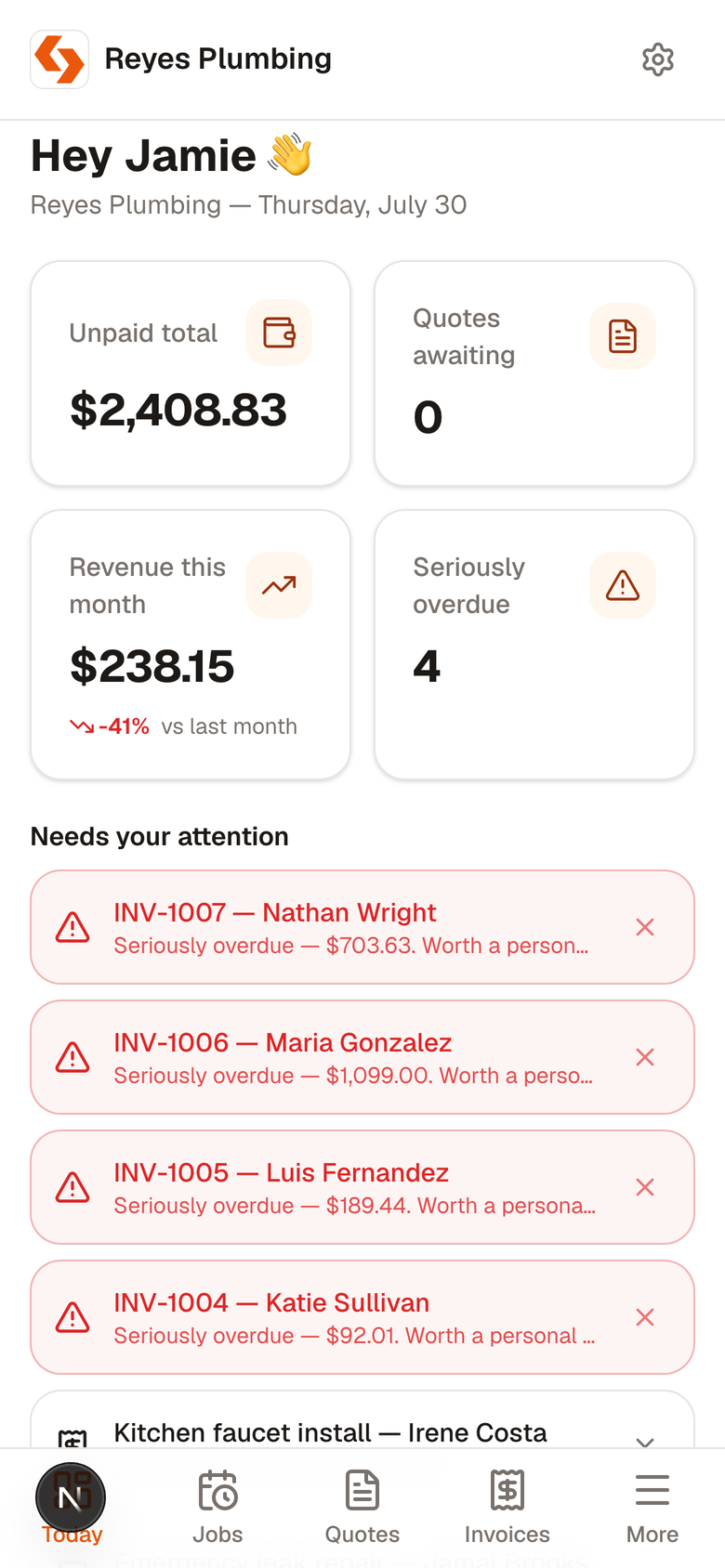 TradeOS My Day — the day's jobs ordered into a smart route