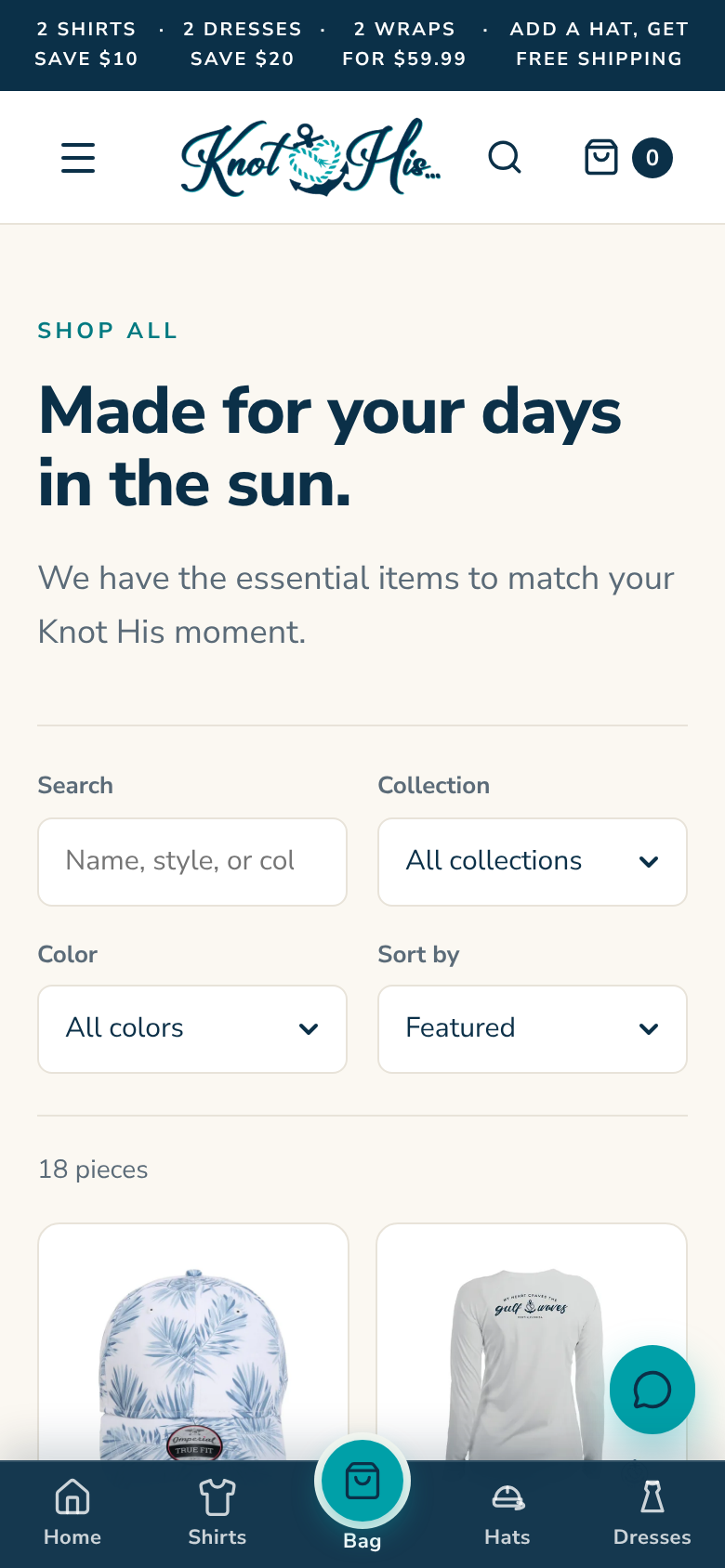 The Knot His shop page with search and filters on a phone